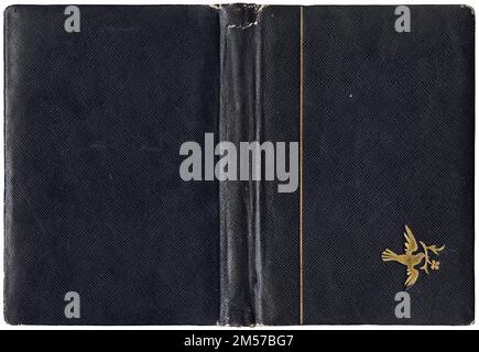 Vintage open cover of notebook or album with embossed golden dove and a branch in its beak Stock Photo