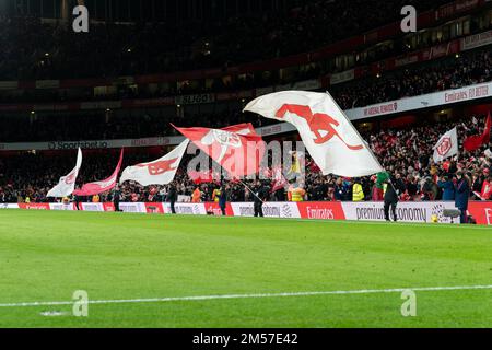 London, UK. 26th Dec, 2022. Flags are waved prior to the game of the Premier League match Arsenal vs West Ham United at Emirates Stadium, London, United Kingdom, 26th December 2022 (Photo by Richard Washbrooke/News Images) in London, United Kingdom on 12/26/2022. (Photo by Richard Washbrooke/News Images/Sipa USA) Credit: Sipa USA/Alamy Live News Stock Photo