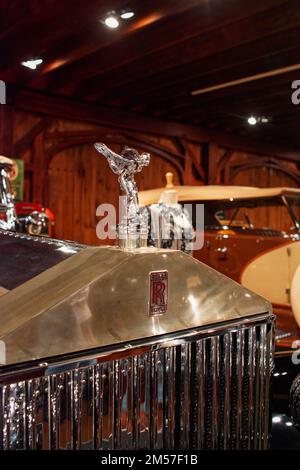 A classic vintage Rolls Royce hood ornament and grill on display at the American Heritage Museum. Hudson, Massachusetts. Stock Photo