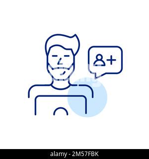Hipster blogger working at laptop receiving a new follower notification on social media. Pixel perfect, editable stroke Stock Vector