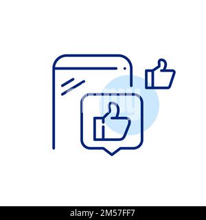 Smartphone with thumbs up notification. Social media like symbol. Pixel perfect, editable stroke line icon Stock Vector
