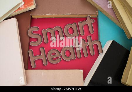 Smart Health word in opened book with vintage, natural patterns old antique paper design. Stock Photo