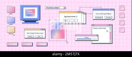 Retro computer interface, digital screen with windows, buttons, message frames. Desktop pc system elements in y2k style, vector cartoon set on pink background Stock Vector