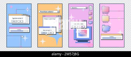 Social media posters template with retro desktop computer interface with message frames, loading bars, buttons and folders. Old pc screen layouts, vector cartoon set Stock Vector