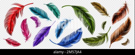 Color feathers, soft bird plumage isolated on transparent background. Red, pink, blue and green fluffy lightweight quills, bright colored feathers, vector realistic illustration Stock Vector