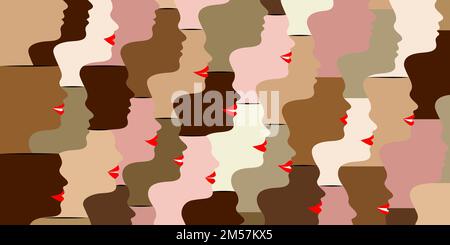 National diverse or racial concept. Face silhouettes with different skin tones. Women's faces are smiling and look in the same direction. Stock Vector