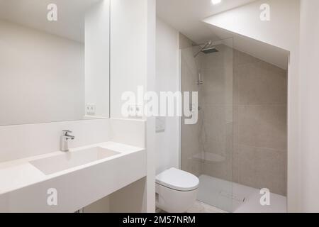 Bright bathroom with toilet and shower. Sanitary ware made of high quality white porcelain. Shower cabin is separated from rest of space by glass Stock Photo