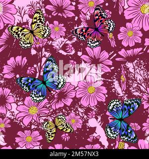 Cosmos flower seamless pattern On a dark background with butterflies. Vector illustration Stock Vector