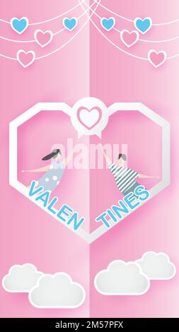 valentine lovely joyful on pink paper background concept. with text love 14 february, boy and girl fly with heart balloon, sky, vector. design for Stock Vector