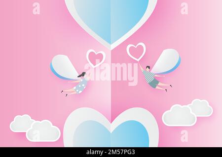 valentine lovely joyful on pink paper background concept. with text love 14 february, boy and girl fly with heart balloon, sky, vector. design for Stock Vector