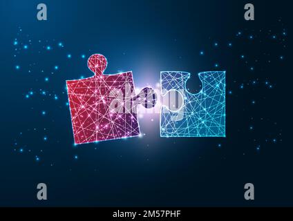 Futuristic glowing wireframe design red and blue jigsaw puzzle pieces fitting each other. Business solution, success strategy, teamwork concept. Moder Stock Vector