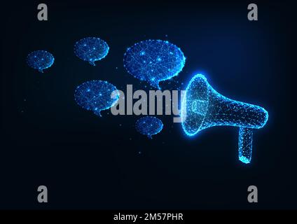 Futuristic announcement, promotion, advertisement concept with glowing low polygonal megaphone and speech bubbles isolated on dark blue background. Mo Stock Vector