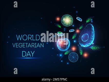 Concept of World Vegetarian Day with abstract glowing fruits and vegetables on dark blue background. Modern futuristic wire frame design. Vector illus Stock Vector