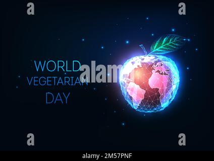 Concept of World Vegetarian Day with abstract glowing apple and world globe on dark blue background. Modern futuristic wire frame design. Vector illus Stock Vector
