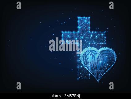 Futuristic christianity concept with glowing low polygonal heart and cross on dark blue background. Modern wire frame mesh design vector illustration. Stock Vector