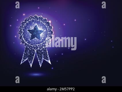 Futuristic glowing low polygonal best quality award badge concept isolated on dark purple background. Modern wire frame mesh design vector illustratio Stock Vector