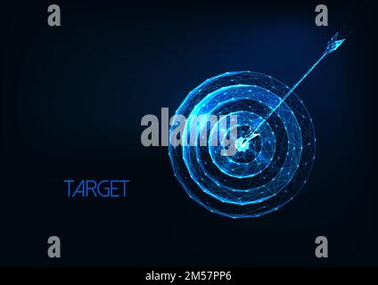 Futuristic success, goal concept with glowing low polygonal target and arrow hit the center isolated on dark blue background. Modern wire frame mesh d Stock Vector