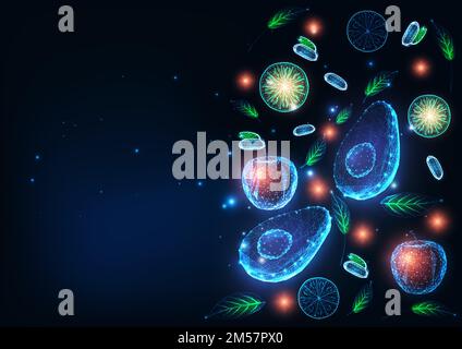 Asbtract fruit and vegetables background with place for text on dark blue. Food technology banner. Futuristic wireframe mesh design vector illustratio Stock Vector