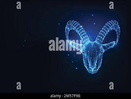 Futuristic glowing low polygonal goat, mouflon protrait isolated on dark blue background. Astrological zodiac sign capricorn. Modern wireframe mesh de Stock Vector