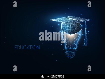Futuristic academic education, graduation concept with glowing low polygonal graduating cap and light bulb isolated on dark blue background. Modern wi Stock Vector