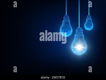 Futuristic idea, innovation, creative solution concept with glowing low polygonal light bulbs on dark blue background. Modern wireframe mesh design ve Stock Vector