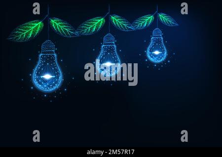 Futuristic environmentally friendly idea concept with glowing low polygonal hanging lightbulbs with green leaves on dark blue background. Modern wire Stock Vector
