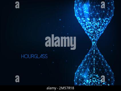 Futuristic glowing low polygonal sand glass, hourglass isolated on dark blue background. Time, clock , countdown concept. Modern wire frame mesh desig Stock Vector