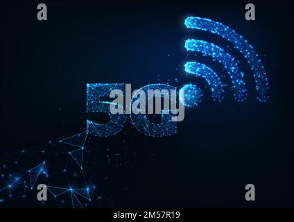 Futuristic 5g wireless internet connection innovative technologies concept with glowing low polygonal 5g an WiFi symbols in dark blue background. Mode Stock Vector