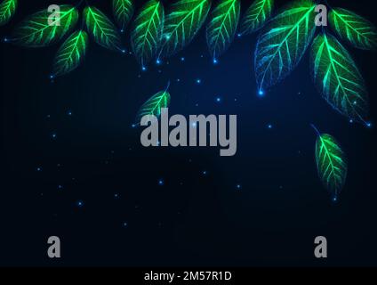 Futuristic abstract natural landscape at night banner with glowing low polygonal green leaves on dark blue background. Modern wire frame mesh design v Stock Vector