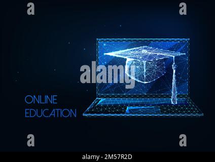 Futuristic online education, distance learning concept with glowing low polygonal graduation cap and laptop on dark blue background. Modern wire frame Stock Vector