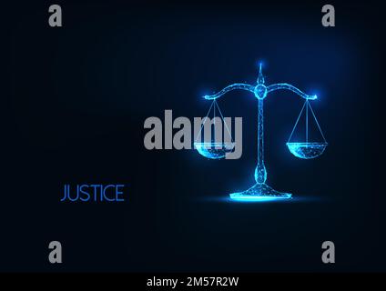 Futuristic justice, law judgement concept with glowing low polygonal balance scales isolated on dark blue background. Modern wire frame mesh design ve Stock Vector