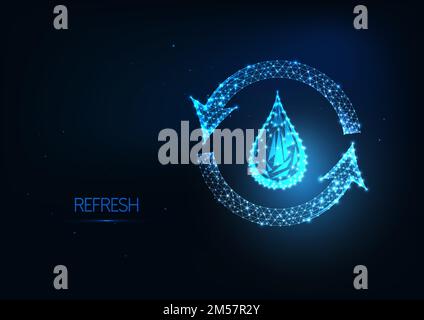 Futuristic water recycling, refresh concept with glowing low polygonal water drop and recycle symbol isolated on dark blue background. Modern wire fra Stock Vector