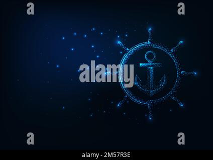 Futuristic sea adventure concept with glowing low polygonal ship wheel and anchor isolated on dark blue background. Modern wire frame mesh design vect Stock Vector