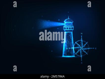 Futuristic sea adventure concept with glowing low polygonal lighting house and compass rose isolated on dark blue background. Modern wire frame mesh d Stock Vector