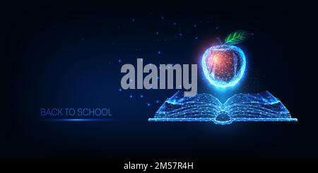 Futuristic Back to school concept with glowing low polygonal open book and red apple isolated on dark blue background. Modern wire frame mesh design v Stock Vector