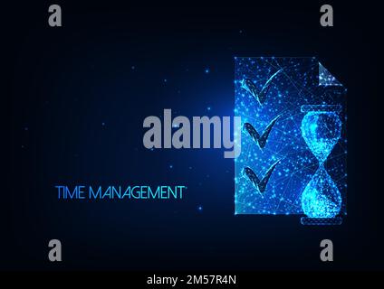 Futuristic time management concept with glowing low polygonal hourglass and planning list document isolated on dark blue background. Modern wire frame Stock Vector