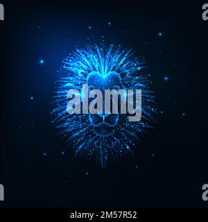 Futuristic glowing low polygonal lion head isolated on dark blue background. Modern wire frame mesh design vector illustration. Stock Vector