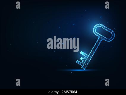 Futuristic glowing low polygonal door key isolated on dark blue background. Modern wireframe mesh design vector illustration. Stock Vector