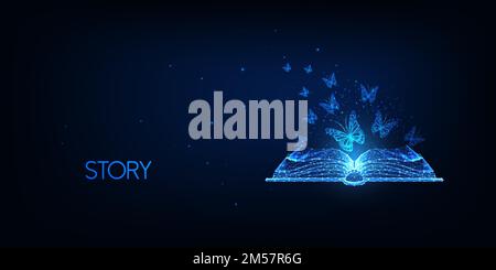 Futuristic story telling, literature reading concept with glowing low polygonal open book and flying butterflies isolated on dark blue background. Mod Stock Vector