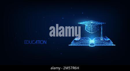 Futuristic education concept with glowing low polygonal open book and graduation cap isolated on dark blue background. Modern wire frame mesh design v Stock Vector