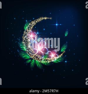 Futuristic glowing low polygonal golden crescent moon decorated with pink flowers and green leaves on dark blue night background. Modern wire frame me Stock Vector