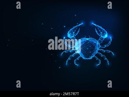 Futuristic glowing low polygonal crab isolated on dark blue background. Seafood or astrological symbol cancer. Modern wireframe mesh design vector ill Stock Vector