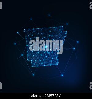 Arkansas state USA map glowing silhouette outline made of stars lines dots triangles, low polygonal shapes. Communication, internet technologies conce Stock Vector