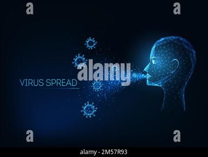 Futuristic aerosol and droplets transmission of covid-19 concept glowing low polygonal human head and airborne coronavirus infection on dark blue back Stock Vector