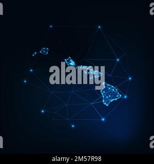 Hawaii state USA map glowing silhouette outline made of stars lines dots triangles, low polygonal shapes. Communication, internet technologies concept Stock Vector