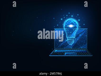 Futuristic creative business idea concept with glowing low polygonal laptop and light bulb on dark blue background. Modern wireframe mesh design vecto Stock Vector