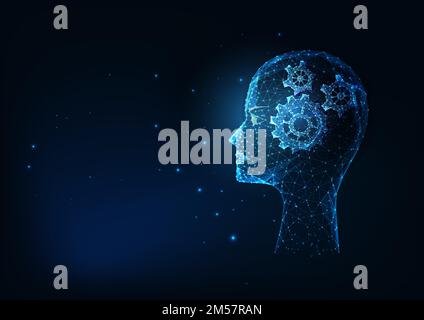 Futuristic human thinking, innovative technologies concept with glowing low polygonal head and gears on dark blue background. Modern wireframe mesh de Stock Vector