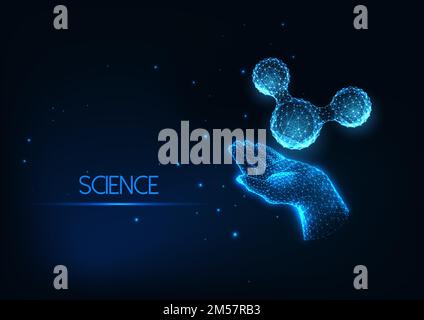 Futuristic scientific research concept with glowing low polygonal human hand and molecule isolated on dark blue background. Modern wireframe mesh desi Stock Vector