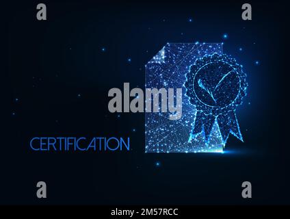 Futuristic top quality certificate concept with glowing low polygonal document with badge with blue ribbon on dark blue background. Modern wireframe m Stock Vector