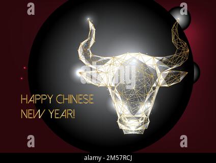 Futuristic Chinese New Year greeting card template with glowing golden low polygonal ox horoscope sign on red background. Modern wireframe mesh design Stock Vector